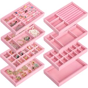 Elsjoy 8 Pack Pink Velvet Jewelry Tray, Drawer Insert Jewelry Organizer Tray Stackable Jewelry Storage Holder, Divided Earring Display Trays for Necklace, Ring, Bracelet, 4 Styles