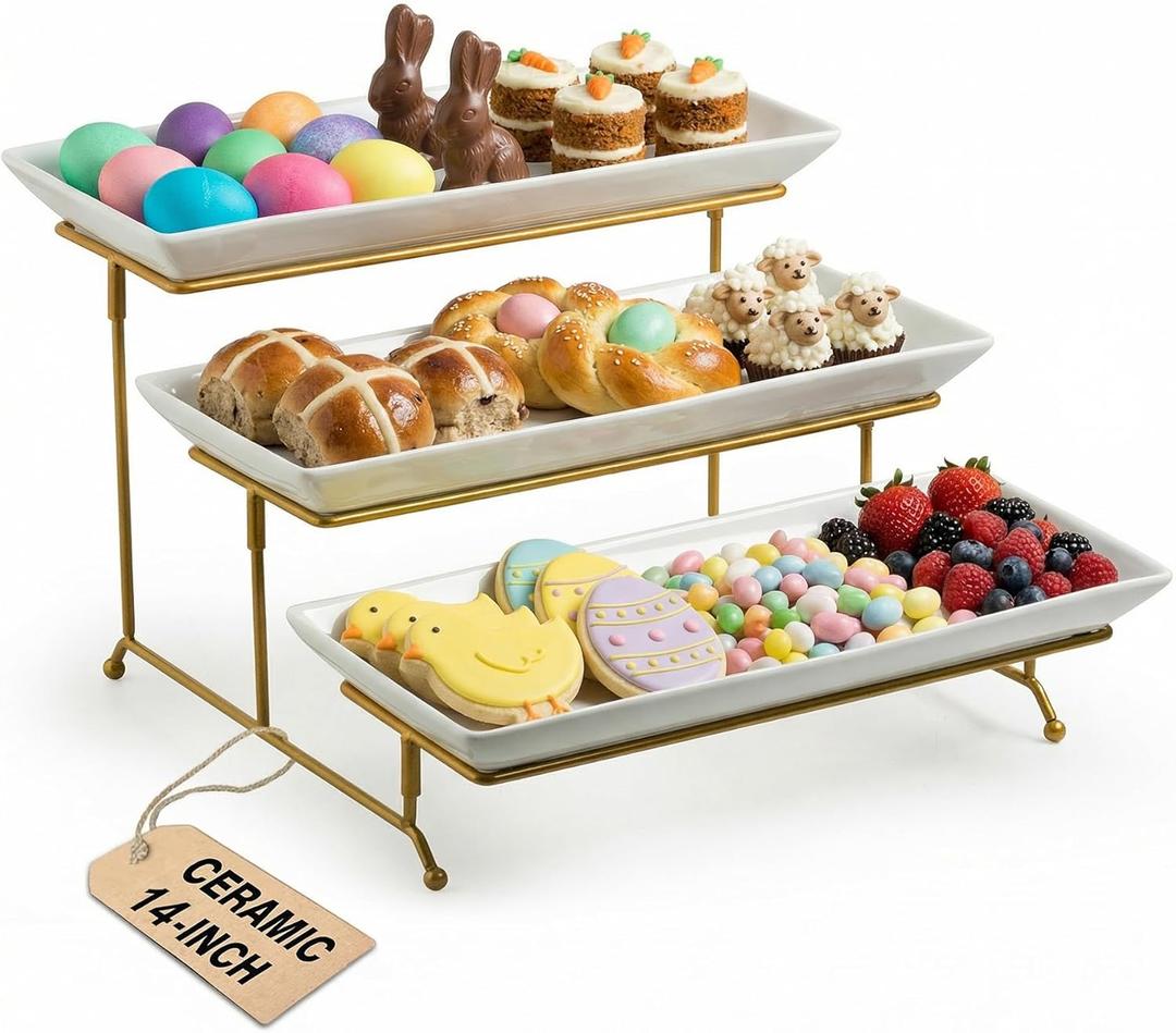 LAUCHUH Large 3 Tier Serving Stand Tiered Serving Trays with Collapsible Sturdier Rack Porcelain Serving Trays and Platters for Fruit Dessert Presentation Easter Party Display Set, 14 Inch (Gold)