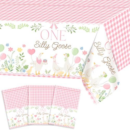 Avezano 3 pcs One Silly Goose Birthday Decorations Girl First Birthday Tablecloth 108 x 54 Disposable Plastic Pink One Silly Goose Bday Party Table Covers