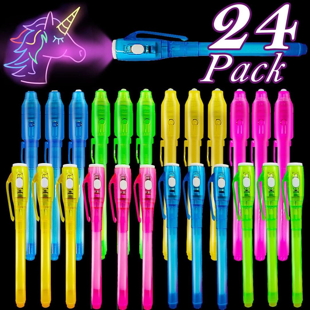 iGeeKid 24 Pack 2 Style Easter Basket Gifts for Kids Classroom Invisible Ink Pen with UV Black Light Secret Spy Pens Magic Disappearing Ink Markers School Supplies Kids Party Favors Boy Girl Exchang