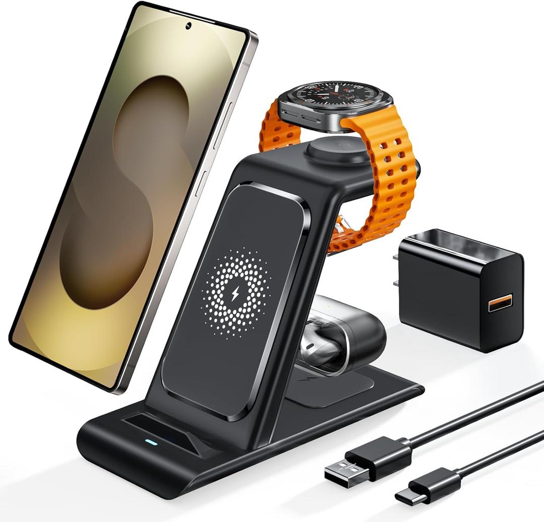 Wireless Charging Station for Samsung Wireless Charger Galaxy Watch 8/7/6/5/4/3 Active 2/1 Stand Galaxy S25 Ultra/S25/S24/S23/S22/S21/Note20/10 Z Fold Flip 7 Galaxy Buds3/2 Pro/Live Multiple Devices (Black)