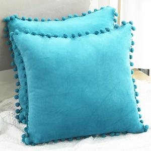 Velvet Decorative Throw Pillow Covers with Pom-poms, Set of 2, Cozy Soft Cushion Cases for Couch Sofa Bed Bedroom Car Living Room Peacock Blue 16 x 16