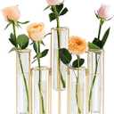 Gold Vases for Centerpieces, Test Tube Flower Vase with 5 Test Tubes, Gold Flower Vase with Metal Stand Racks Hydroponic, Glass Hinged Propagation Plant Vase for Wedding Table Home Decor