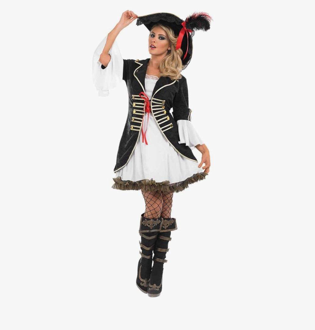 fun shack Pirate Costume Women's Deluxe Buccaneer Outfit with Corset Jacket, Dress, Hat,XL