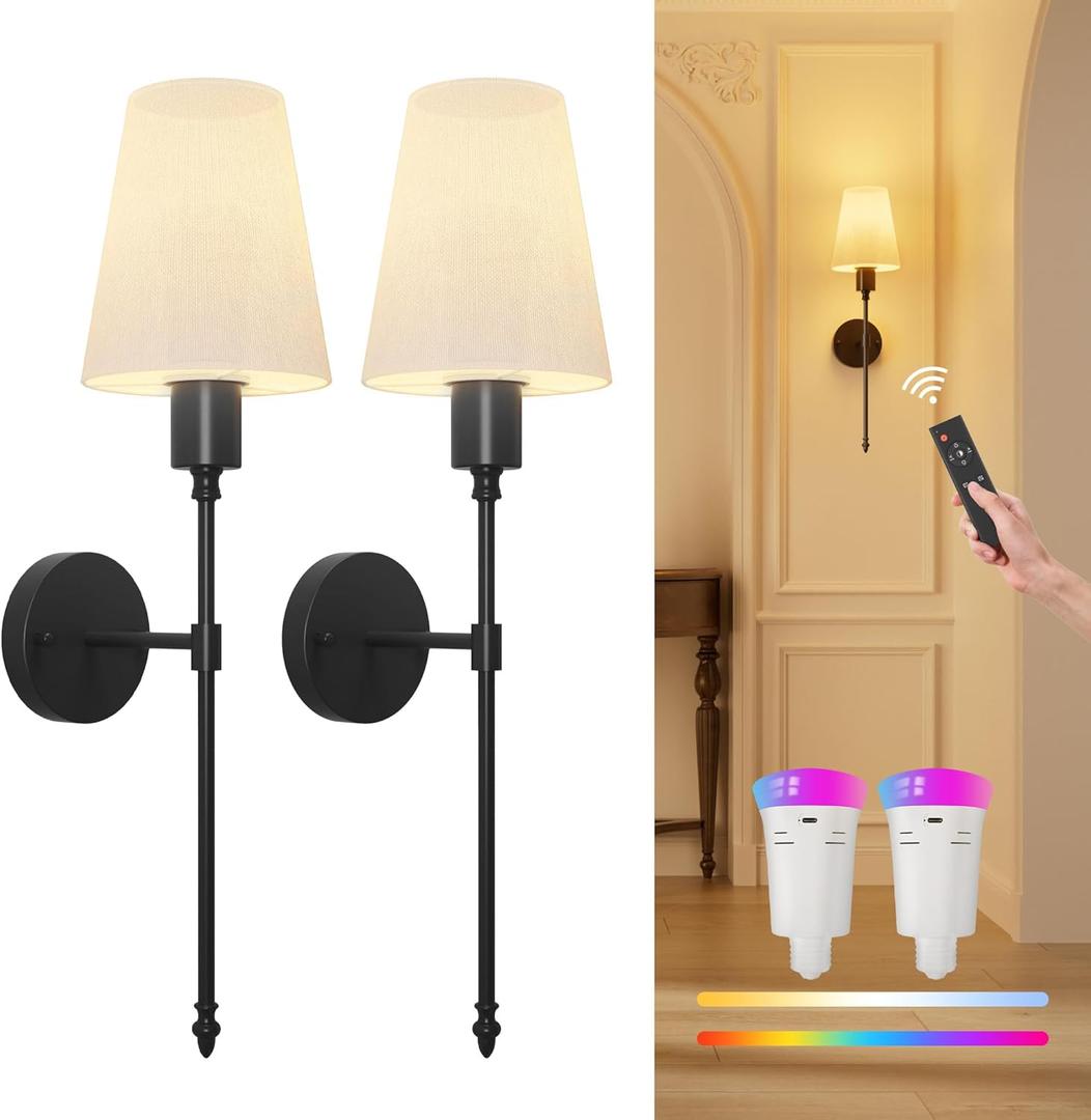FULEN Wall Sconces Battery Operated Set of Two,18 Colors Cordless Wall Lights with Remote LED Indoor Wall Sconce Dimmable Detachable Bulbs,10000mAh Rechargeable Wall Lamps for Bedroom Living Room (Black-2P)