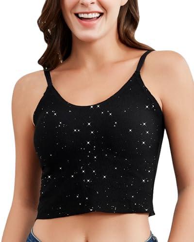 Falorda Camisole Tops Double-Layered Crop Top Slim Camisoles Adjustable Strap Tank Top with Built in Bra for Women, Medium 