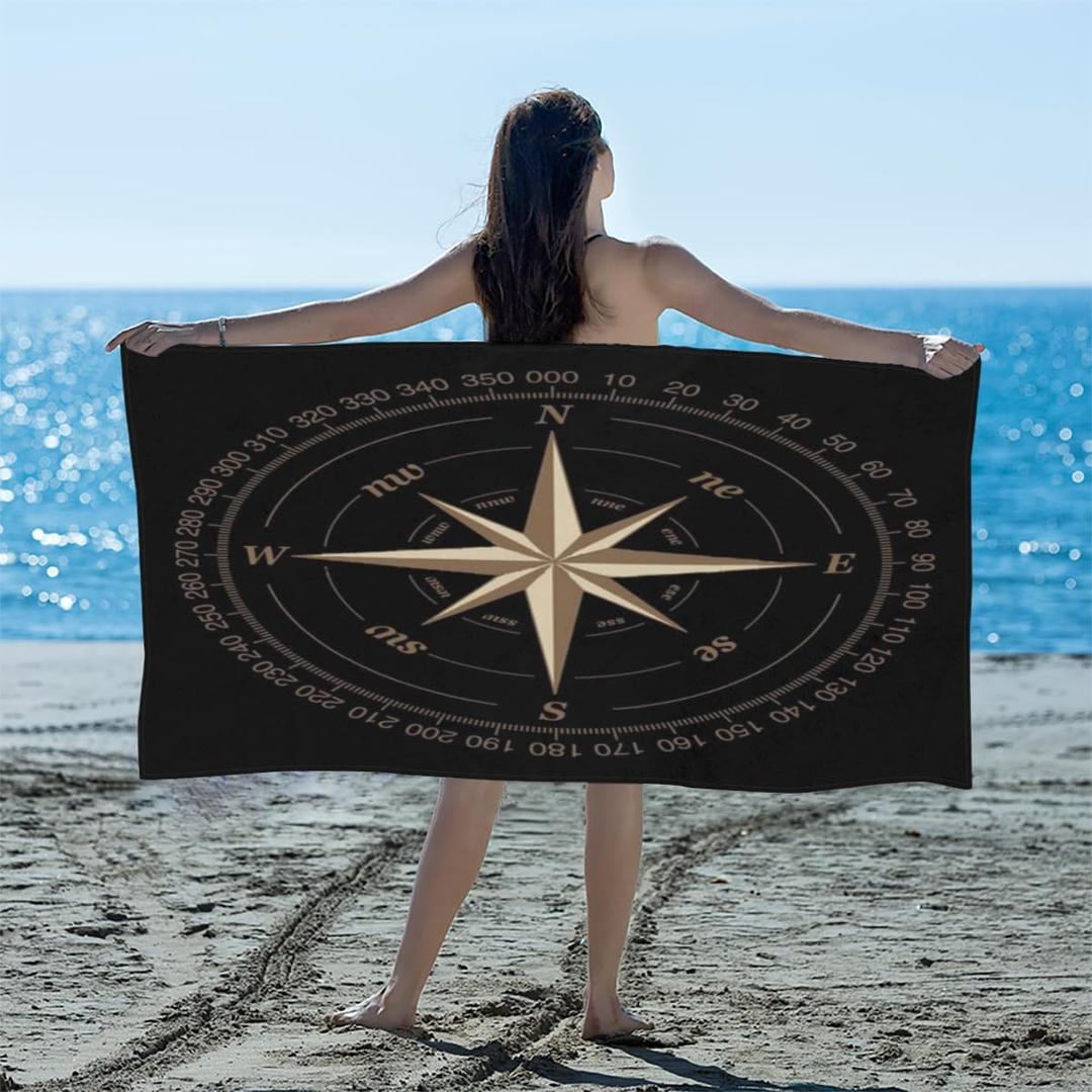Compass Rose Beach Towel Oversized Quick Dry Beach Blanket Microfiber Sand Free Absorbent Lightweight Artwork Black Bath Towel for Pool Travel Swimming Camping Women Men (31"x61")