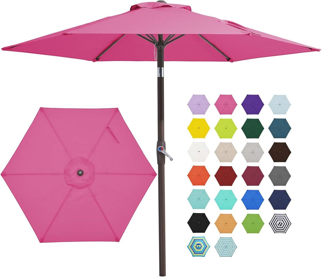 JEAREY 7.5FT Patio Umbrella Market Table Umbrella with 6 Sturdy Ribs, Push Button Tilt/Crank Outdoor Umbrella for Garden, Deck, Backyard, Pool and Beach,Rose Pink