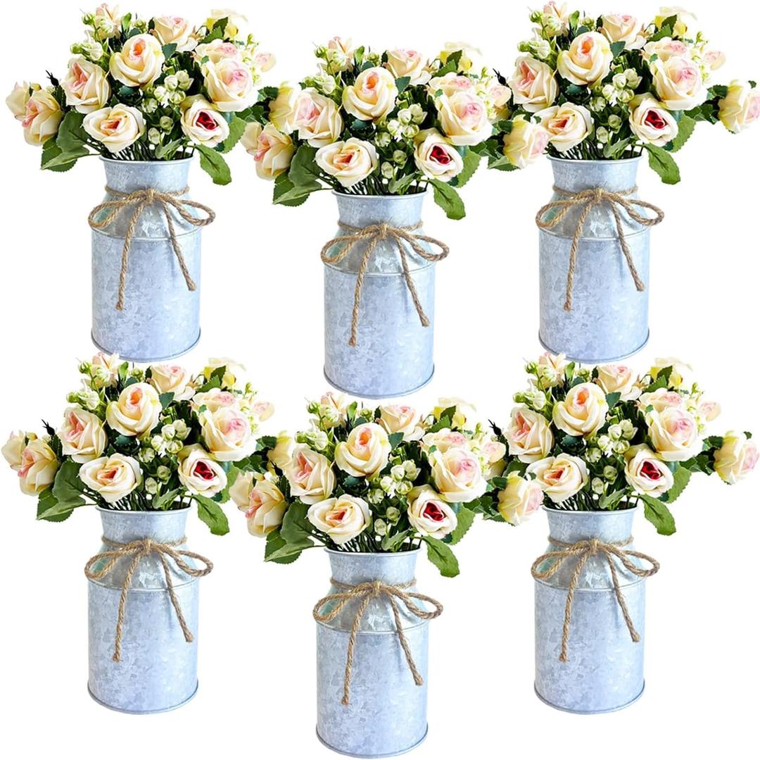 Farmhouse Artificial Rose Flowers with Metal Vase, Set of 6 Fake Rose Arrangements for Table, Faux Bouquets Wedding Centerpiece Decorations, Home Office Flower Decor (Silver Vase & Champaign Roses)