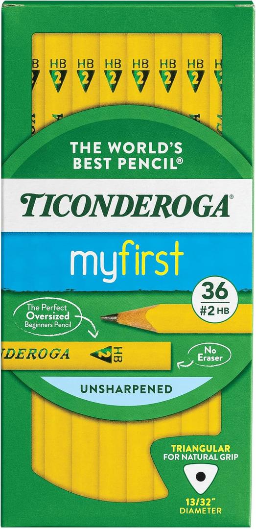 Ticonderoga My First Tri-Write Wood-Cased Pencils, Unsharpened, 2 HB Soft, Without Erasers, Yellow, 36 Count