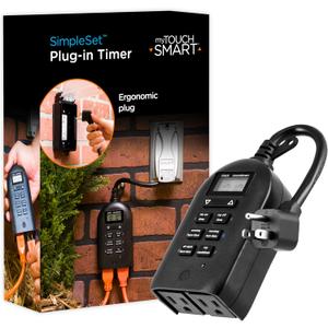 myTouchSmart Outlet Timer, Dual Plug-in Digital Timer Outlet, Simple Programmable Outlet Timer, Indoor/Oudoor Countdown Timer, Weather Resistant, Seasonal Light Timer, Black, 1 Pack, 26898-P2