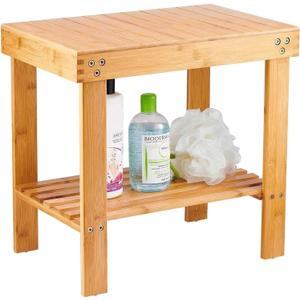 VaeFae Bamboo Shower Bench, Spa Bench Seat Stool, Foot Rest Shaving Stool with Non-Slip Feets and Storage Shelf, Works in Bathroom/Living Room/Bedroom/Garden Leisure