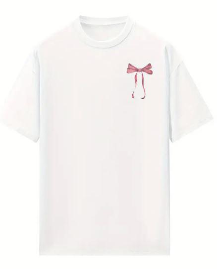 Pink Bow Outlined Garment Dyed Tee - XS - White  