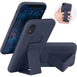 LAUDTEC Silicone Kickstand Case Compatible with iPhone XR, Vertical and Horizontal Stand Hand Strap Metal Kickstand Cover, Flexible Soft Liquid Silicone Stand Case for iPhone XR (Blue)