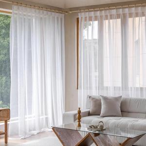 White Pinch Pleated Track Curtains 52x120 Inches Long for Living Room Bedroom Extra Long Faux Linen Semi Sheer Light Filtering with Hooks Traverse Rods 1 Panel