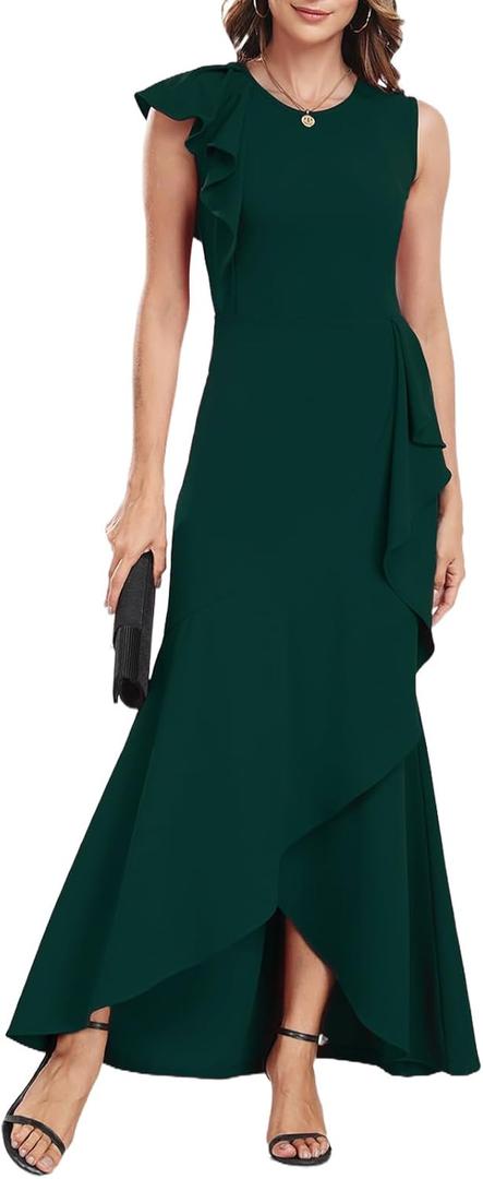 FQA Long Formal Dresses for Women Black Cocktail Evening Gowns Elegant Ruffled Sleeve (Medium, Ink Green)