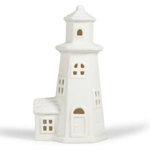 Luxstyra White Ceramic Christmas Houses Lighthouse Lamp, Small Figurines for Ceramic Christmas Village,Light Up Xmas Houses with Timer, Xmas Lighthouse Decoration for Table Bookshelf Desk