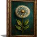 Vintage Gold Framed Dandelion Canvas Wall Art, Teal Background Botanical Oil Painting Print, Retro Moody Botanical Picture Poster， Country Farmhouse Wall Decor，for Home Living Room Bedroom，9x11in