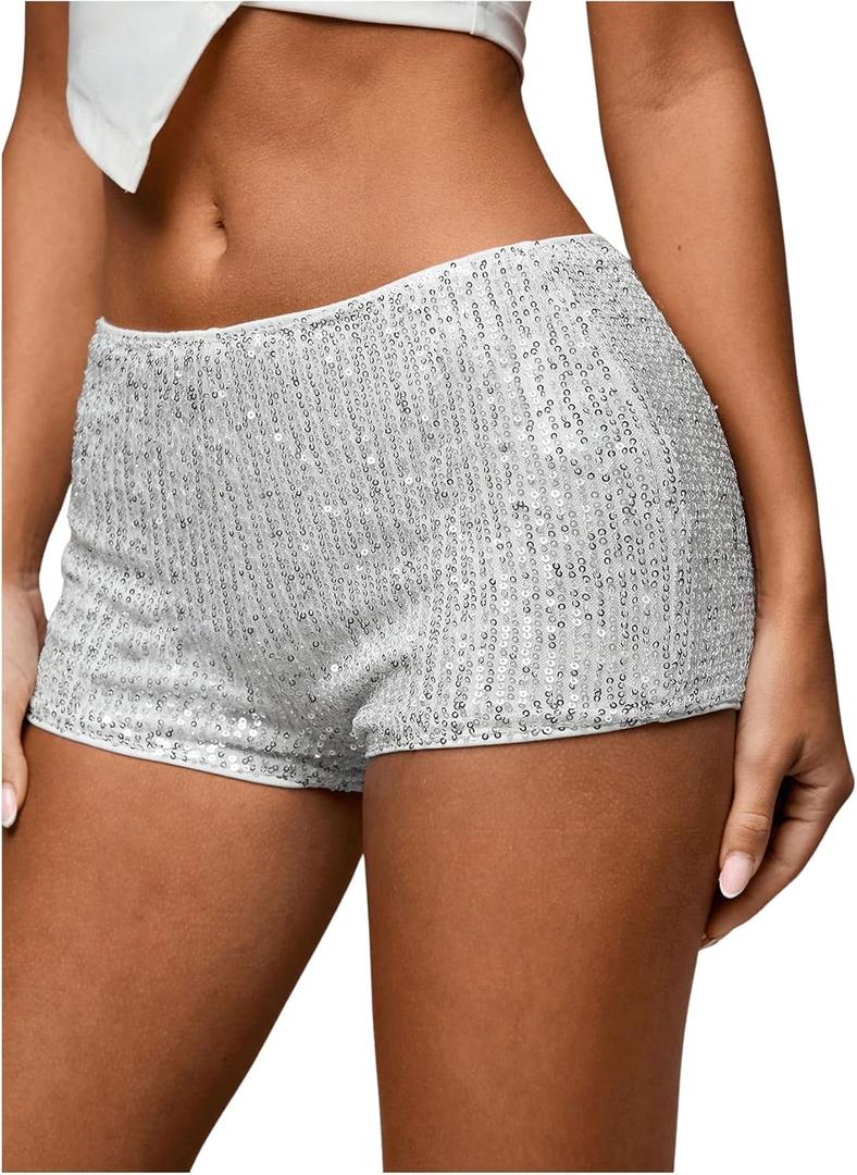 SHENHE Women's Sparkly Sequin Shorts Sexy Low Rise Y2k Party Rave Hot Pants Booty Shorts (Large, White)