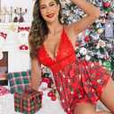Avidlove Women Lingerie Lace Babydoll Strap Chemise Halter Teddy V Neck Mesh Nightgown Christmas Print XS (Red, XS)