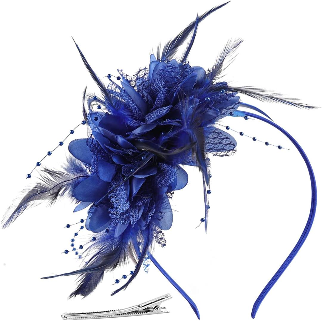 Womens Fascinators Hats with Clip Tea Party Hats for Women, Feather Pearl Veil Headband for Wedding Cocktail Dresses