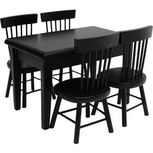 Miniature Dining Table and Chairs Set 5pcs 1:12 Scale Dollhouse Room Furniture Kitchen Mini Wooden Chair Accessories, Model Accessory Decoration for Doll House DIY Hobby, Black