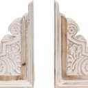 1 Pair Rustic Distressed Finish Wood Bookends, White Bookends Decorative Unique, Carved Pattern Farmhouse Book Ends for Shelves, Bookend for Heavy Books, Wooden Corbels for Home Room Decor