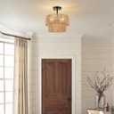 Boho Light Fixtures Ceiling Mount, 3-Light Rattan Chandelier Woven Double Layer, Semi Flush Mount Ceiling Light for Hallway Bedroom Farmhouse Kitchen Entryway Living Room