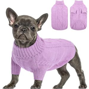 Queenmore Small Dog Pullover Sweater, Cold Weather Cable Knitwear, Classic Turtleneck Thick Warm Clothes for Chihuahua, Bulldog, Dachshund, Pug (Lilac, Large)