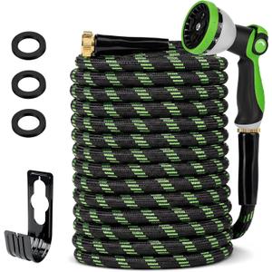 Garden Hose 100 FT, Non-Expanding Water Hose with 10 Pattern Spray Nozzle, Lightweight Flexible Kink-Resistant Garden Hose, Durable Outdoor Hose for Yard, Lawn, Patio, Garden, Car Washing, Black Green