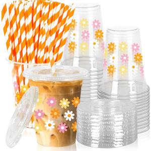 50Pcs Groovy Daisy Plastic Cups with Lids and Straws Retro Hippie Boho Flower Clear Plastic Cups 12oz Disposable Cups for Groovy Party Supplies