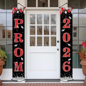 Prom Night 2026 Grad Theme Porch Sign Banner Graduation Party Decoration Class of 2026 Door Decoration Prom Send Off Hanging Banner Congrats Grad Photo Booth Prop for High School Red and Black