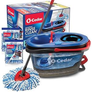 O-Cedar RinseClean Spin Mop & Bucket System + 2 Extra Mop Heads| Clean with Water | Removes 99% of Bacteria Plastic
