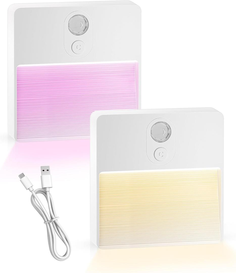 NICKLUC Motion Sensor Night Light: Stick-on Rechargeable LED Warm Night Lights Stepless Dimming 7 Colors Motion Activated Battery Operated Stair Lights Indoor for Staircase Hallway Toilet 2 Pack