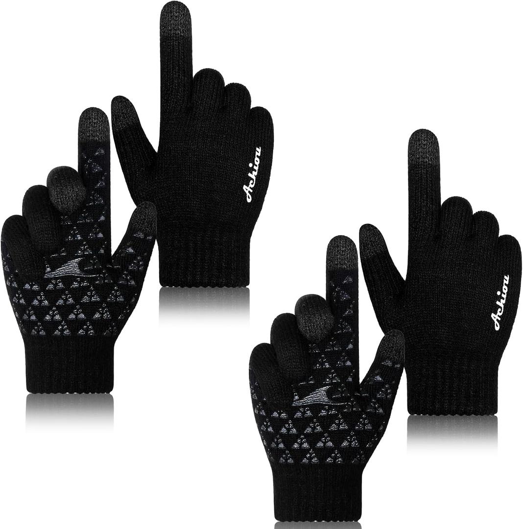 Achiou Winter Gloves for Men Women, 2 Pairs Touch Screen Texting Warm Running Gloves Thermal Soft Knit Lining, Elastic Cuff L