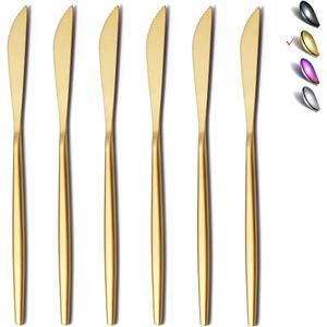 HOMQUEN Dinner Knives 6 Piece, Stainless Steel Matt Gold Dinner Knife, Sturdy butter knife, Modern Design butter knives, Dishwasher Safe (Matt Golden-8.9 Inch)