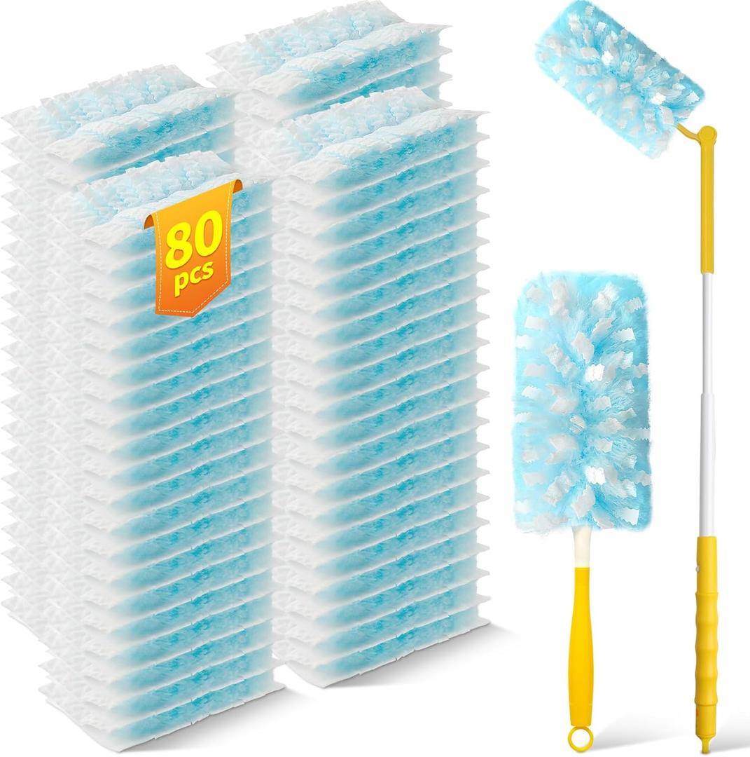 80 Count Duster Refills with 1 Short Handle & 3 ft Extendable Handle, Compatible with Swiffer Duster, 180 Disposable Microfiber Cleaning Dusters, Unscented
