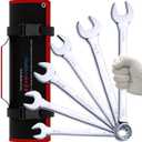 Hitork 6-Piece Large SAE Wrench Set, 12-Point Box End, Drop Forged Chrome-Plated Cr-V Steel, 15 Offset, Polished, Roll Pouch Included  Sizes 15/16 to 1-1/4