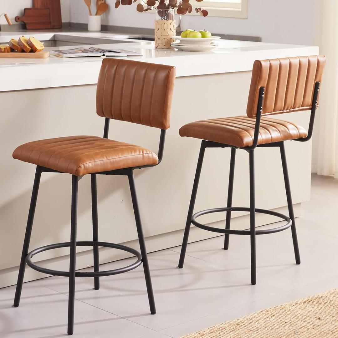 Swivel Counter Height Bar Stools with Back Set of 2, Upholstered 26'' Counter Stools with Metal Frame, Faux Leather Cognac