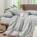MooMee Striped Duvet Cover Set 100% Washed Cotton Linen Like Textured Breathable Durable Soft Comfy (Heathered Green Pinstripes, King 104"x90")