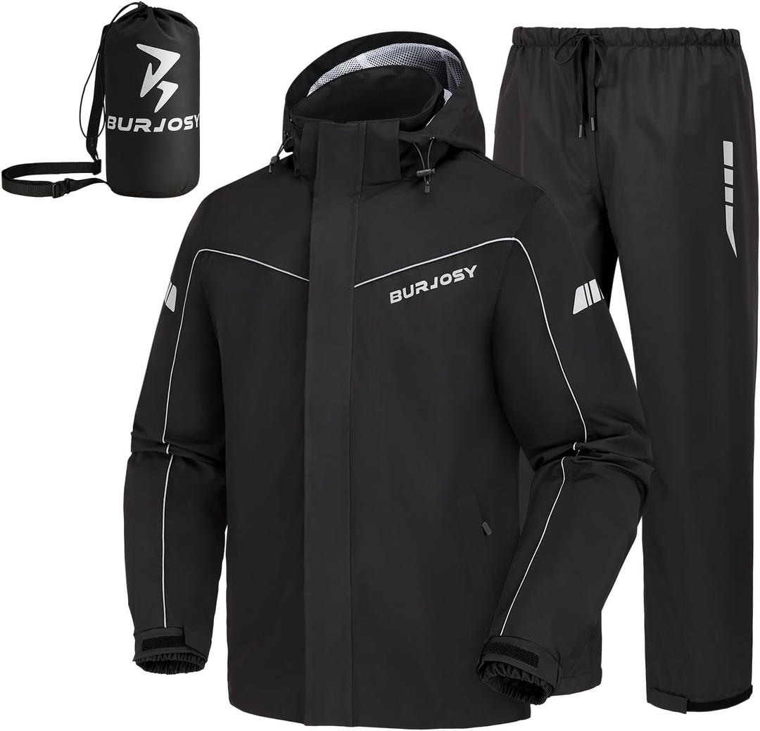 Rain Suit for Men, Packable Waterproof Rain Jacket & Pants, Reflective Raincoat Rain Gear for Outdoor Golf Fishing (Black, L)
