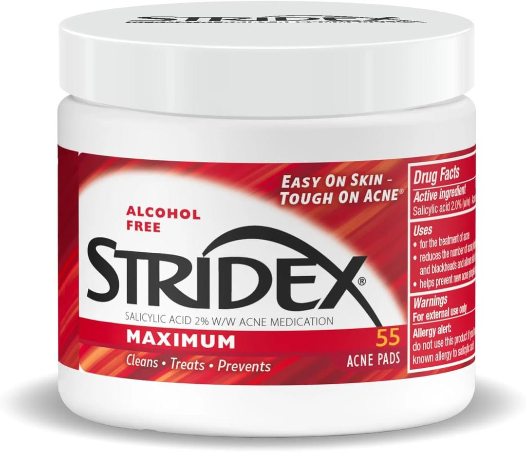 Stridex Medicated Acne Pads, Maximum, 55 Count  Facial Cleansing Wipes, Alcohol Free, Acne Treatment for Face, For Moderate Acne, Smooth Application (RED)