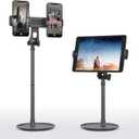 Double Phone Stand of Desk,Tablet Holder of Table,Adjustable Height,Black, Stable Base,Support Phones and Tablets up to 10.9 inches.Suitable for Video conferencing,Live Broadcast, Watch Movie