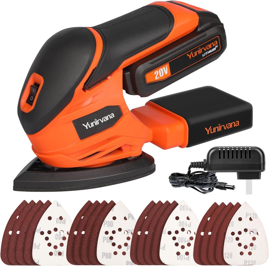20V 1.3Ah Cordless Sander, Detail Sanders, 20Pcs Sandpapers,12000 RPM Sanders with Dust Collection System for Tight Spaces Sanding in Home Decoration, Battery and Charger Included
