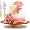 Rotating Cake Stand,12" Rustic Wood Cake Stand with Cake Cutting Set,Rustic Cake Holder for Party/Wedding/Birthday/Reception Event/Rotating Cake Display Stand