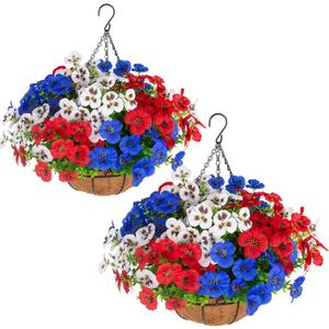 lovemoon 2 Sets Artificial Hanging Pansies Flowers with Baskets, 24 Pcs Faux Patriotic Silk Pansy Outdoor Flower for Porch Patio Garden Home Summer 4th of July Decor (Y/P/W) (2, RedWhiteBlue)