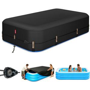 QH.HOME 90"x60" Rectangular Pool Cover for Inflatable Pool,Black Oxford Fabric Heats Water, Blocks Leaves & Sun, Windproof Snug Fit with Patented Ratchet & Weight Rings