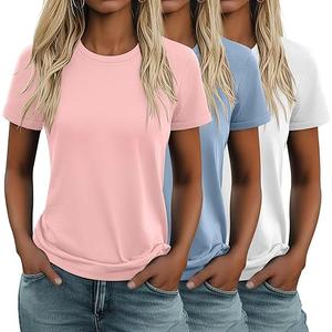 ge)Huukeay 3 Pack Women's Cotton T Shirts Casual Short Sleeve Tunic Tops Crewneck Summer Plain Basic Loose Fit Tee  (Light Pink, Macaron Blue, White, La