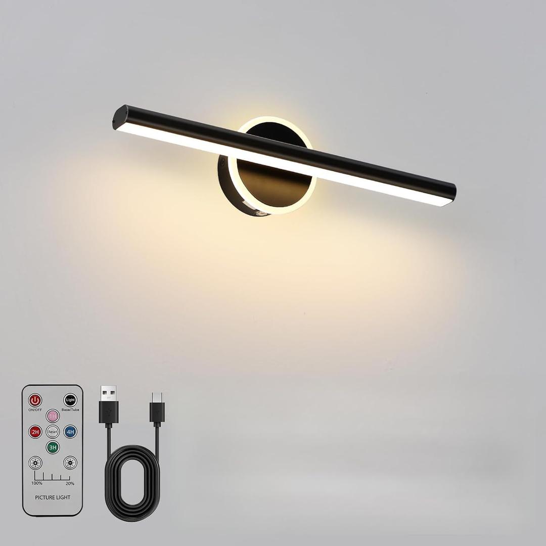 Picture Lights for Wall, 13.5inches Picture Light Battery Operated,Wireless Indoor Wall Lights with Remote,Rechargeable Horizontal Light Battery for Gallery,Artwork,Portrait (Matt Black)