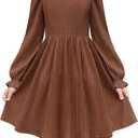 Arshiner Girls Knit Dresses Puff Long Sleeve Fall Winter Casual Holiday Sweater Dress with Pockets (Brown, S)